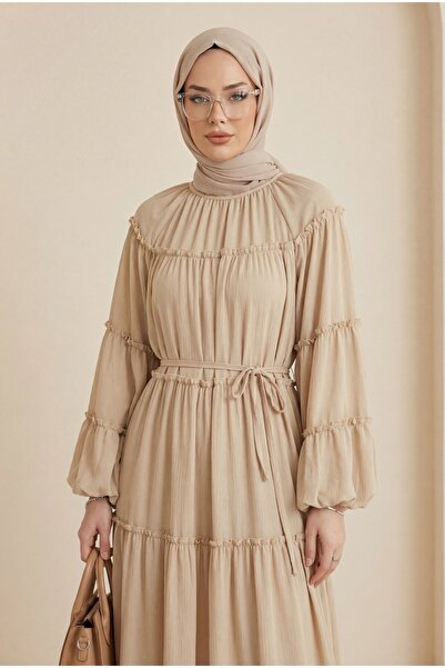 Modamorfo Φόρεμα σιφόν με στρογγυλή λαιμόκοψη και μανίκια μπαλόνι - μπεζ