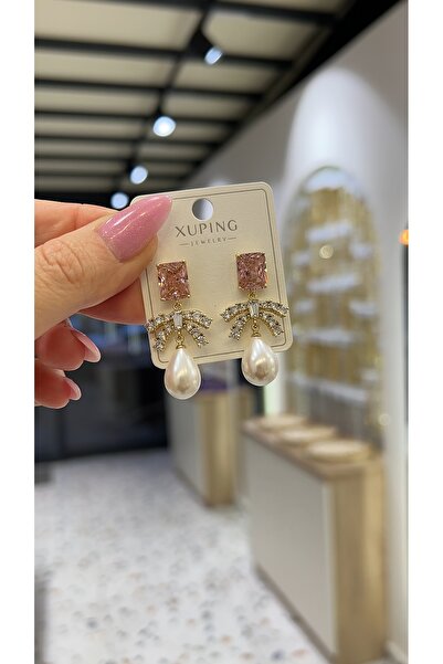SU PERİSİ TAKI BİJUTERİ XUPİNG KARARMAZ 14K GOLD PEMBE TAŞ DETAYLI FİYONK KÜPE