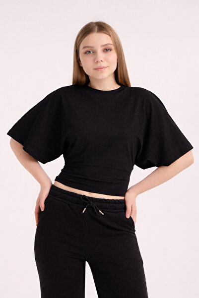 3 ROPE Γυναικεία κοντομάνικη μπλούζα με φαρδιά μανίκια και λαιμόκοψη, μαύρη, ...