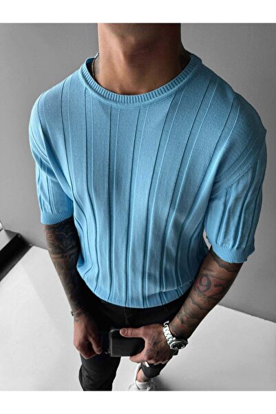 elkumoda Στυλ Old Money Ανδρικό T-shirt με κάθετες ρίγες, στενή εφαρμογή, πλε...