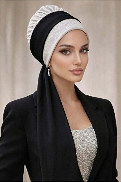 Aişe tesettür Μαύρο Φουλάρι, Ασημί Φουλάρι με Γκλίτερ, Μπόνε