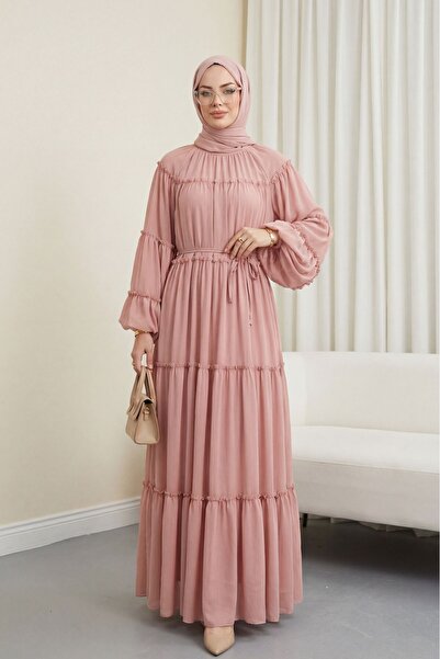 Modamorfo Φόρεμα σιφόν με στρογγυλή λαιμόκοψη και μανίκια μπαλόνι - σε σκόνη