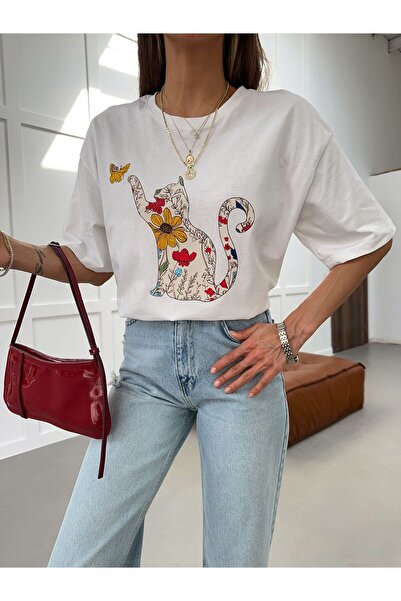 yeditepe fashion Υπερμεγέθη μπλουζάκι με φλοράλ σχέδιο και στάμπα γάτας