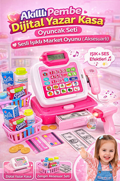 TRUST STORE Akıllı Pembe Dijital Yazar Kasa Oyuncak Seti Sesli Işıklı Market ...