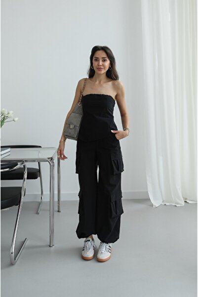 Havoş Μαύρο Σετ Παντελόνι και Μπλούζα Στράπλες Παρασούτες