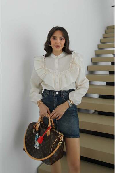 Havoş Εκρού Πουκάμισο Μούνι με Λεπτομέρεια Βολάν στο Μπροστινό Μέρος