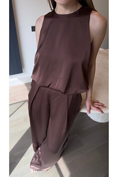 VERMOND Saten Balon Bluz Pantolon Takım – Kahverengi