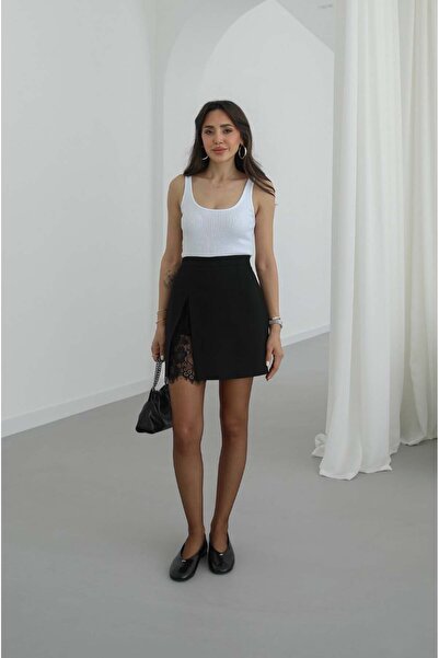 Havoş Μαύρη μίνι φούστα με δαντέλα και σκίσιμο