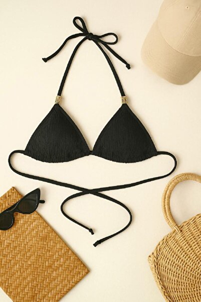 tengoo Kadın Siyah Pedli Üçgen Bikini Üstü Halter Bağlamalı Aksesuarlı Under ...