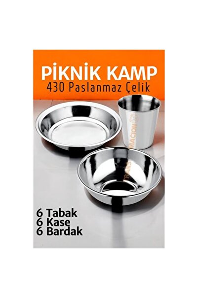 ModaCar Paslanmaz Çelik Tabak Kase Bardak Seti Kamp Piknik Seti 18 adet 721505