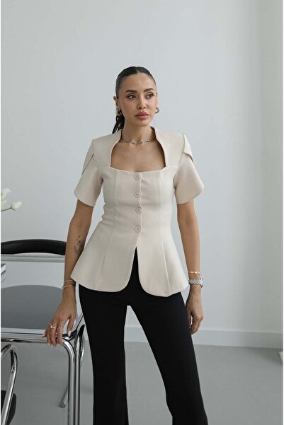 Havoş Μπεζ μπλούζα με τετράγωνο γιακά και επένδυση