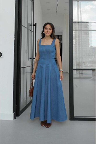 Havoş Ανοιχτό μπλε τζιν φόρεμα με χοντρές τιράντες