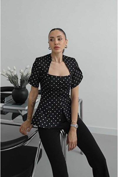 Havoş Μαύρη μπλούζα με τετράγωνο γιακά και πουά σχέδιο
