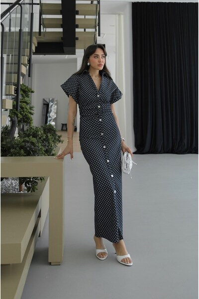 Havoş Μπλε ναυτικό φόρεμα τζιν με ντραπέ μέση και πουά σχέδιο