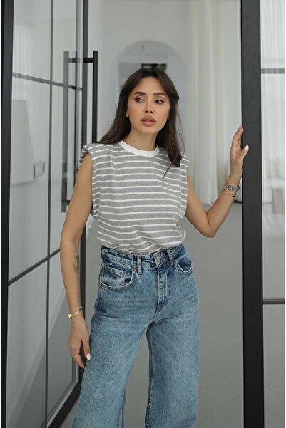 Havoş Γκρι μπλούζα με χοντρές ρίγες και μηδενικά μανίκια