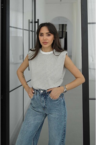 Havoş Κρεμ Μπλούζα με Χοντρές Ρίγες και Μηδενικά Μανίκια