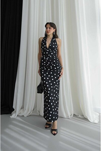 Havoş Μαύρο φόρεμα πουά με σούρες στα πλαϊνά