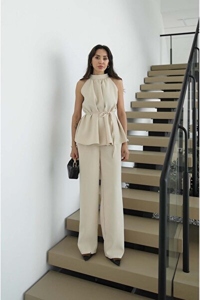 Havoş Μπεζ Σετ Παντελόνι και Μπλούζα με Λεπτομέρεια Δέσιμου Pelas