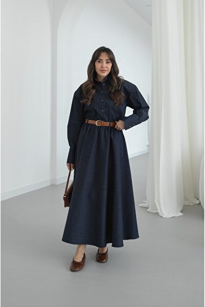 Havoş Σκούρο μπλε πουκάμισο με ζώνη και τζιν φούστα