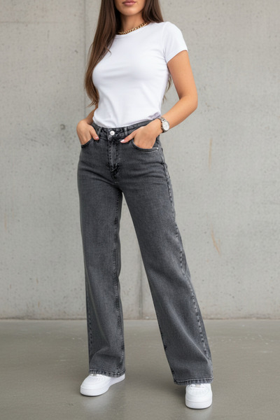 WODDİ Nova Kadın Yüksek Bel Füme Salaş Jeans Wide Leg Geniş Paça Palazzo Kot ...