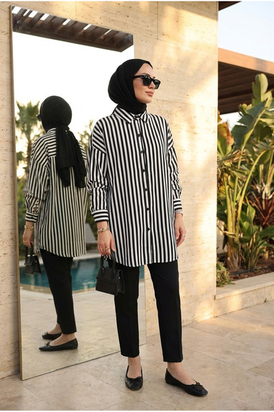 Kirazca Butik Γυναικείο ριγέ πουκάμισο τουνίκ 80/85 εκ.