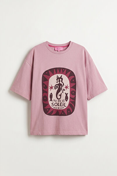 Quzu Μπλουζάκι Oversize με στάμπα κειμένου και φιγούρας, ροζ