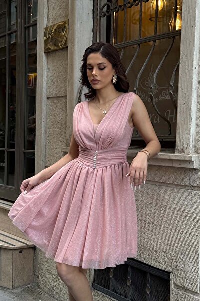 MyLoore Women's Pink Glitter Lined Graduation Evening Dress Gown Mlb183