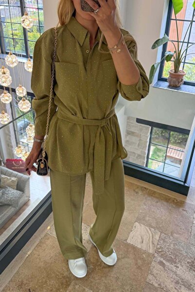 MyLoore Women's Green Stone Detailed Belted Shirt and Trousers Set Mlb190
