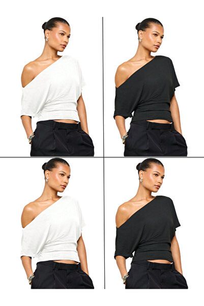 S&A DESIGN Γυναικεία μπλούζα 4 τεμαχίων με λαιμόκοψη σκάφος, μονό ώμο, φαρδιά...