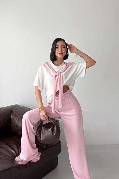 MyLoore Women's pink bow detail modal fabric top and bottom two-piece set mlb188