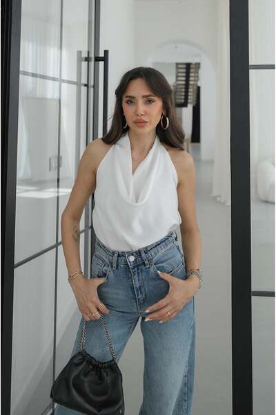 Havoş Εκρού Σατέν Μπλούζα με Δέσιμο στο Γιακά