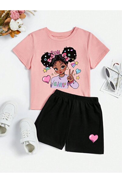 SVART WEAR Παιδικό μπλουζάκι με στάμπα Fun Girl και σορτς - Σετ συνδυασμού κά...