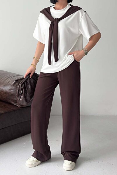 MyLoore Women's brown bow detail modal fabric top and bottom two-piece set ml...