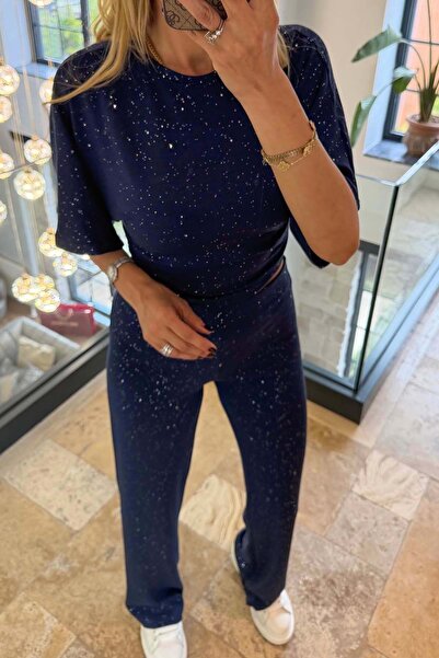 MyLoore Women's Navy Blue Glitter Lycra Double Set Mlb191