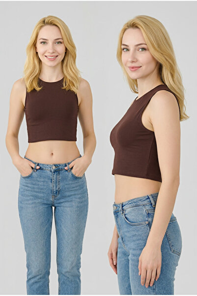 fevien 2-Pack Women's Brown Crew Neck Thick Strap Stretchy Basic Supreme Crop...