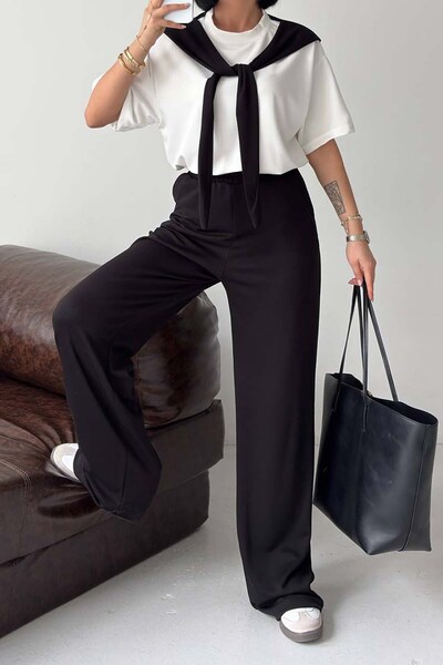 MyLoore Women's Black Bow Detailed Modal Fabric Top and Bottom Two-Piece Set ...