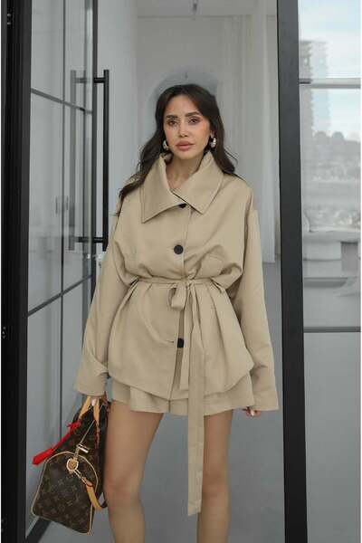 Havoş Μπεζ καμπαρντίνα με φαρδιά μανίκια και ζώνη