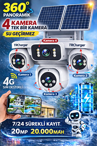TRCharger 4 Kameralı 4G SIM Kartlı Güneş Enerjili Güvenlik | 2Solar Panel | 2...