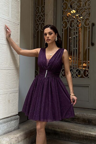 MyLoore Γυναικείο μωβ βραδινό φόρεμα αποφοίτησης με ασημί φινίρισμα MLB183