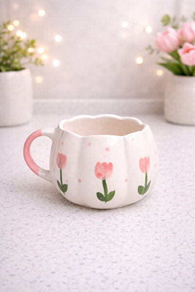 PINK TULIP PATTERNED Custom MOUTH DETAILED Custom Embossed Fully Handmade Ceramic Mug