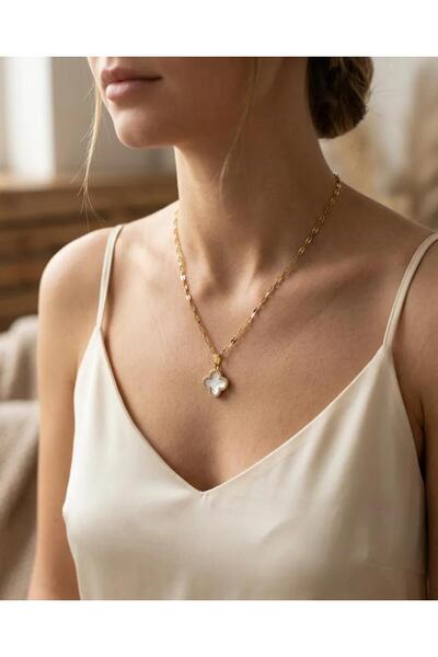LİYONA JEWELLERY Beyaz Gold Yonca Model Çelik Kolye
