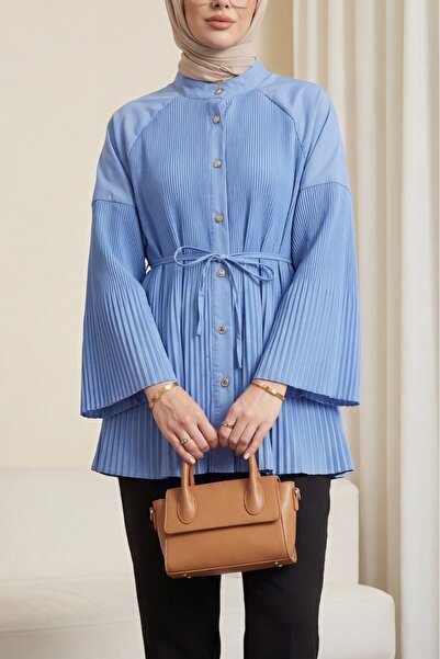 Modamorfo Πουκάμισο με χρυσά κουμπιά, πιέτες μπροστά και στα μανίκια - μπλε