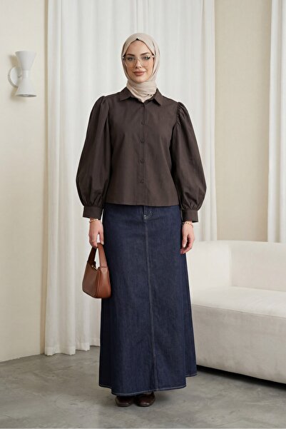 Modamorfo Κοντό πουκάμισο ποπλίνα με μανίκια μπαλόνι και μανικετόουρες -κ. Καφέ