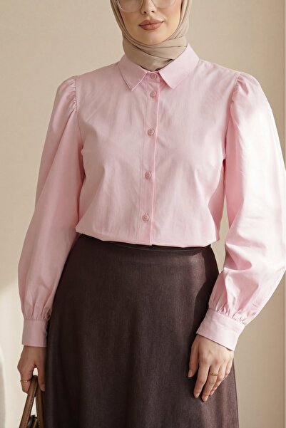 Modamorfo Κοντό πουκάμισο ποπλίνα με μανικάκια μπαλόνι -ροζ