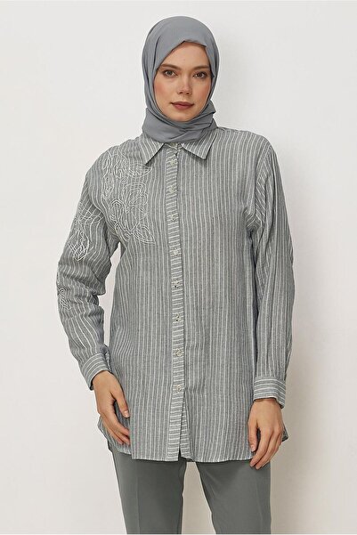 Alvina Striped Muslin Shirt Collar Tunic 46513