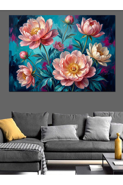 Artmeg Pânză decorativă cu flori de bujor roz, plan apropiat - Tablou din lem...