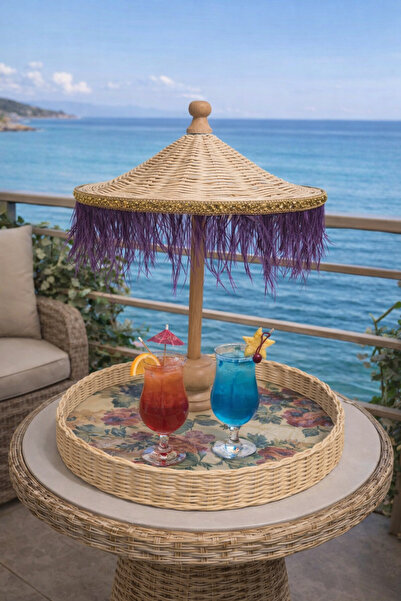 Marrone Dekoratif Bahçe Balkon Kafe Sunumluk Bali Şemsiyesi Ve Tepsisi 2 li Set