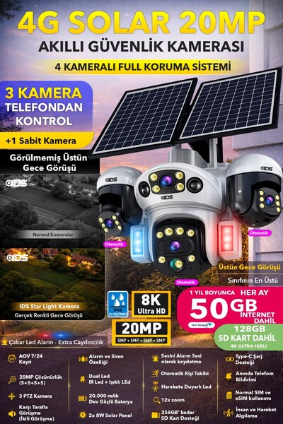 IDS 4 KAMERA 3 HAREKETLİ 20MP SIM KARTLI SOLAR 4G GÜNEŞ ENERJİLİ GÜVENLİK KAM...