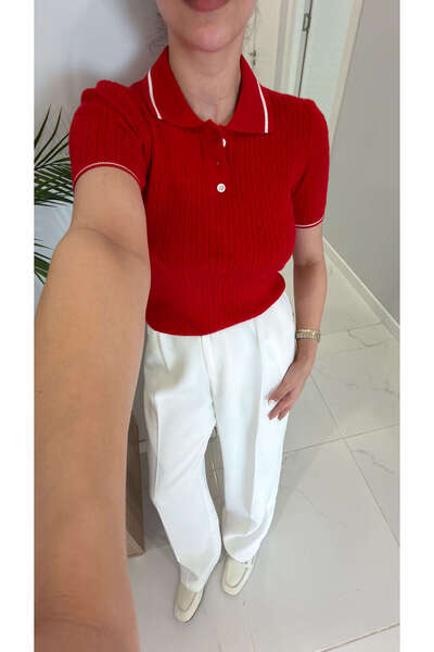 BİRCANÇİL Πλεκτό πουλόβερ MD με βαθύ κόκκινο χρώμα και λαιμόκοψη πόλο