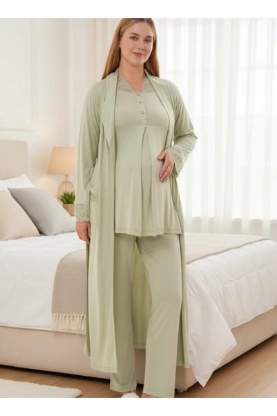 LOHOUSE Women's Lace Long Sleeve 3-Piece Maternity Pajama Set with Dressing Gown